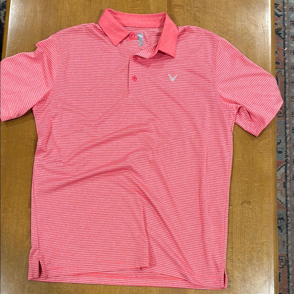 Callaway Medium Salmon with white stripe golf polo Dri fit shirt